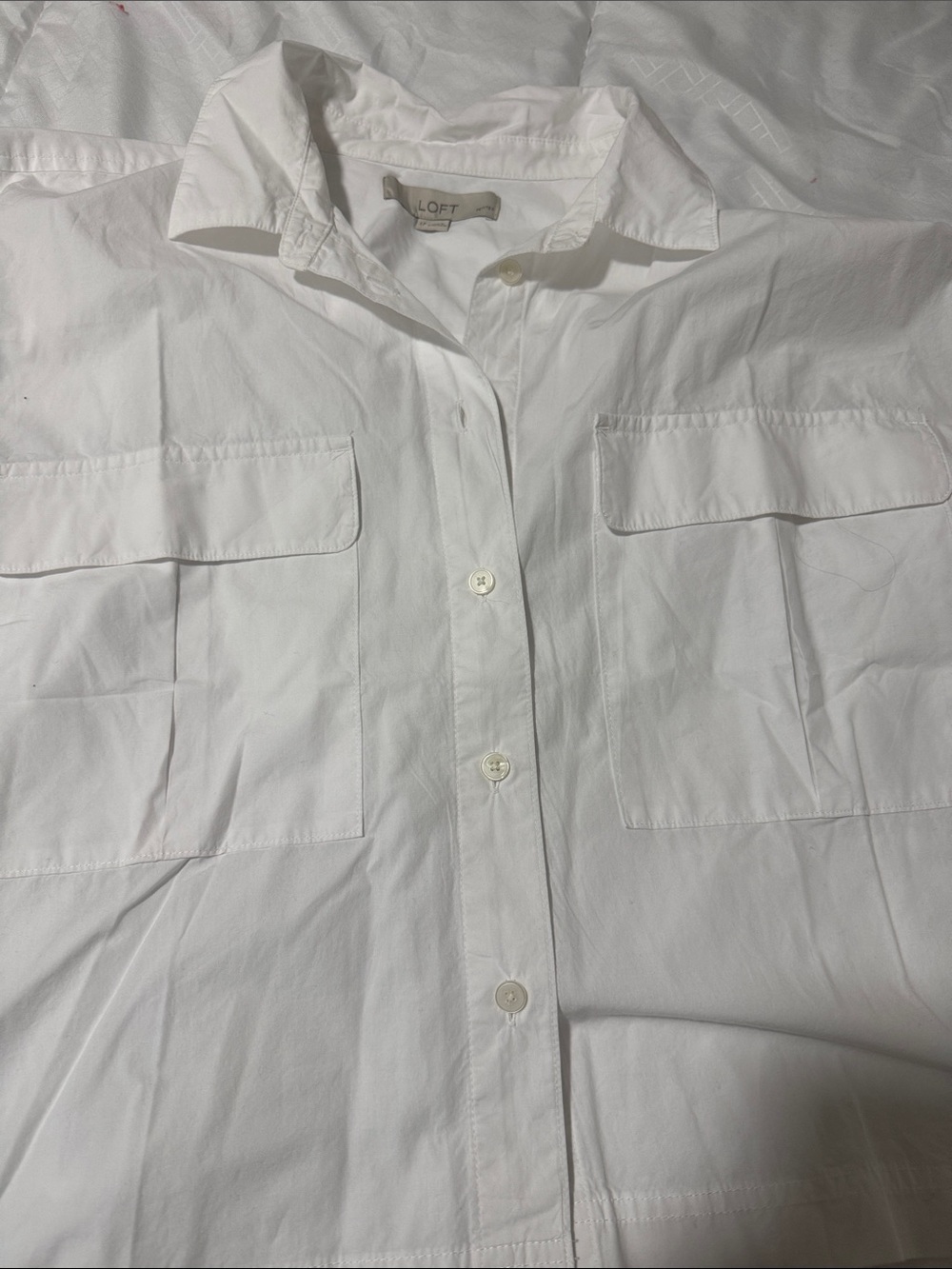 LOFT White Casual Button-Down cropped Shirt with Flap Pockets